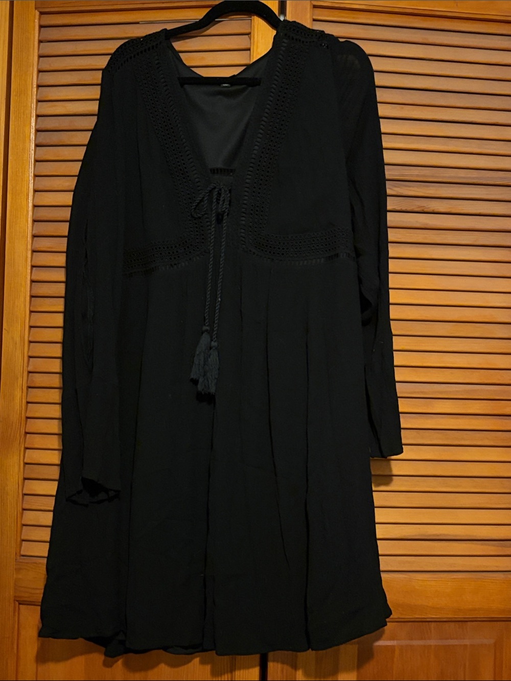 torrid Black Boho Tie-Front Long Sleeve Dress with Crochet Trim